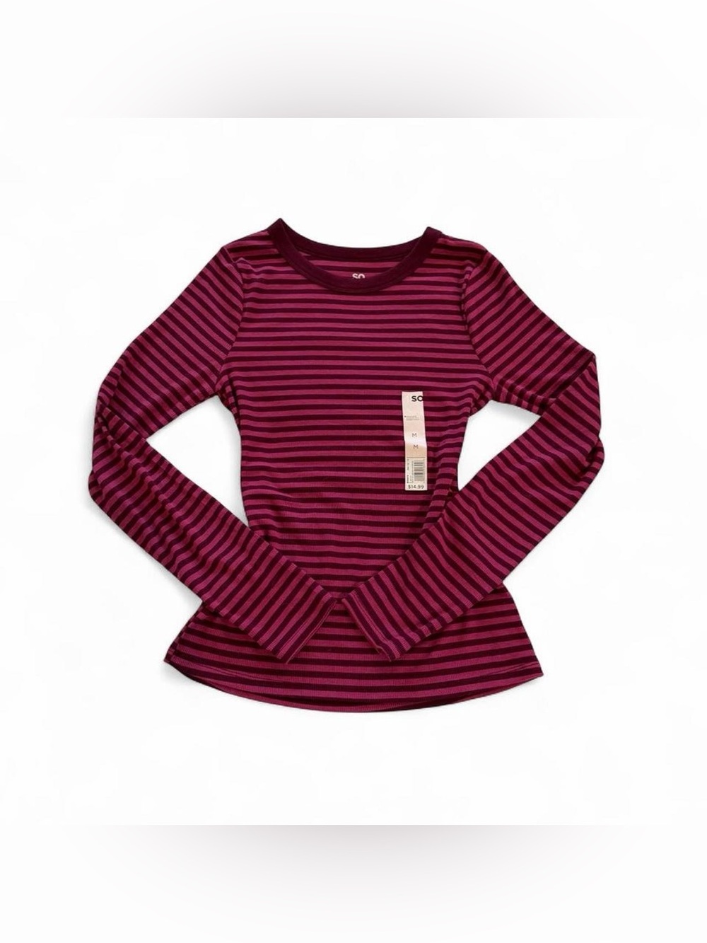 SO Long Sleeve Striped Crew Neck Top in Berry